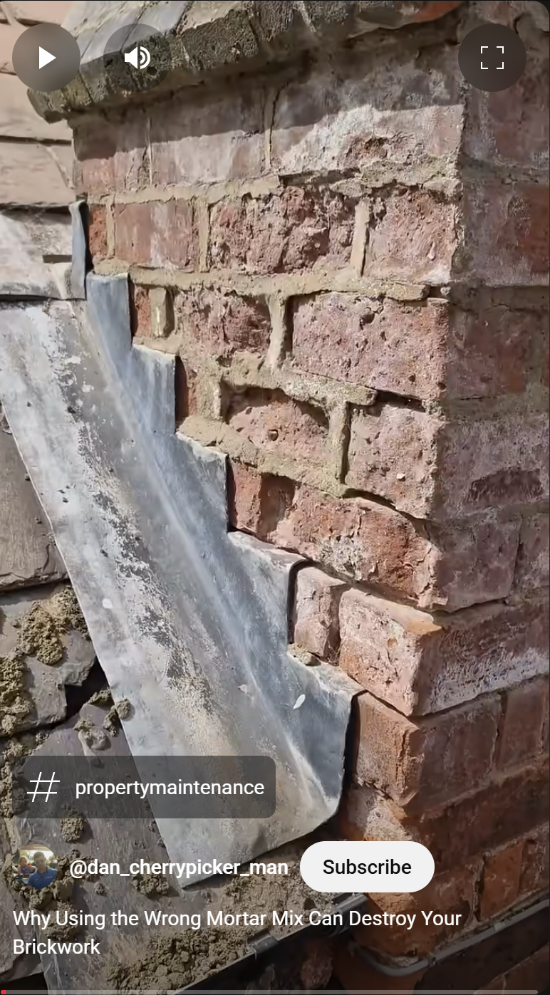 Hard mortar pointing corroding bricks on a chimney picture of very badly corroded brickwork on a chimney in Longeaton, Nottinghamshire