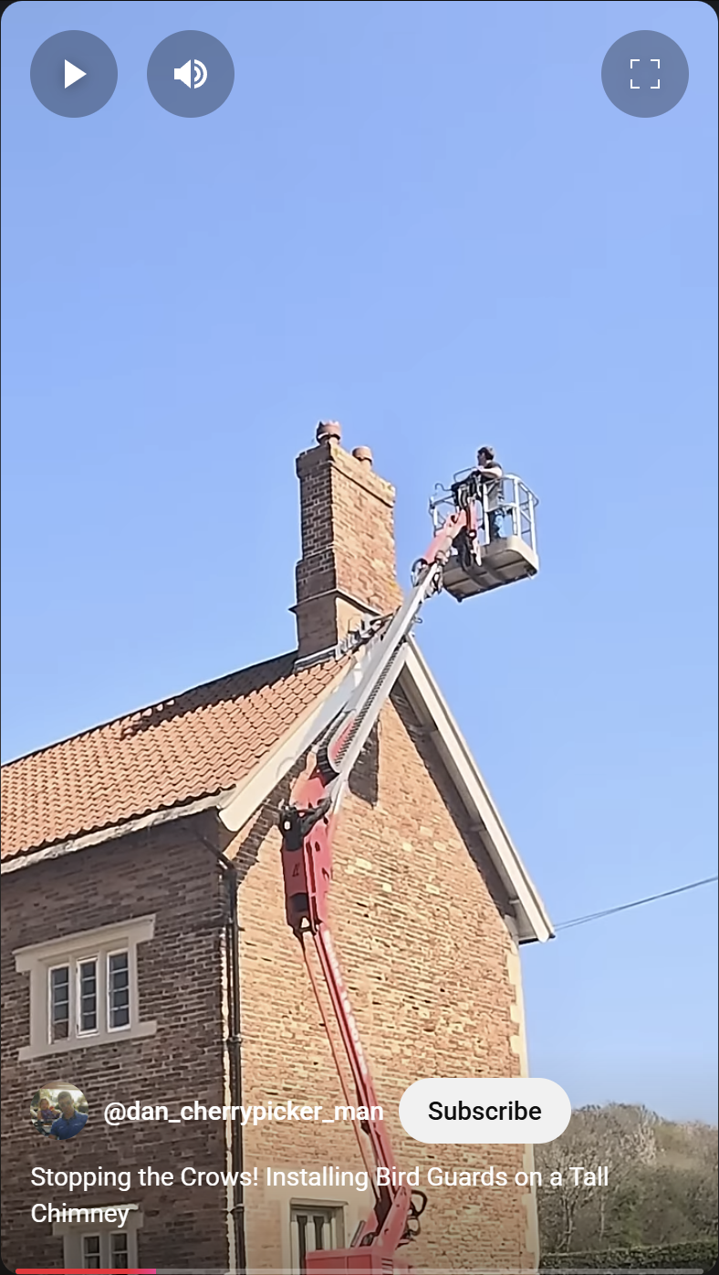 Bird Guard Installation, Kirton, Nottinghamshire A cherrypicker booming up to a tall chimney to assist with the installation of a bird guard, Nottinghamshire
